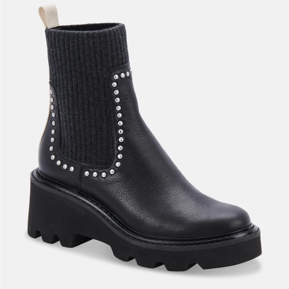 Dolce Vita Stud H2O Boots Black Leather and Knit Chelsea Studded Boot NWT 7.5 - Picture 3 of 9